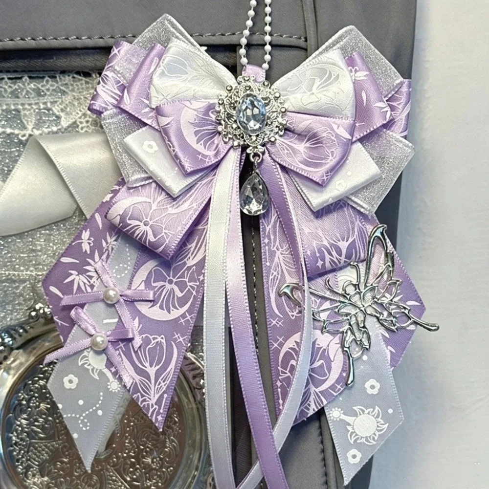 Double Layer Bowknot Ornament Keychain Rhinestone Long Streamers Pendant Elegant Tassel Lolita Bag Charm Backpack Decoration