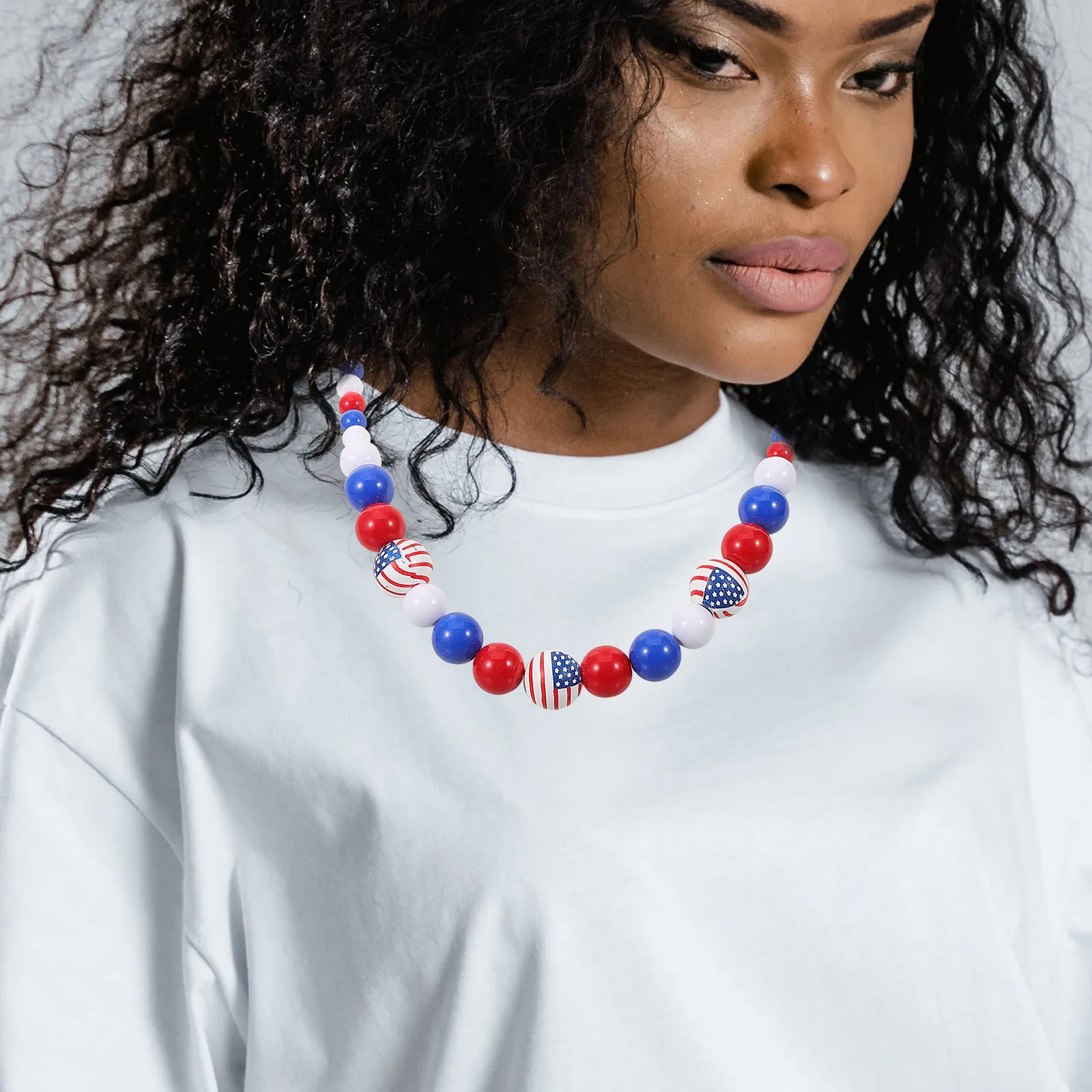 

1 Set Wooden Bead Bracelet Necklace Party Independence Day Gift For Women Girls Festival Jewelry Decoration Neck Pendant Beaded