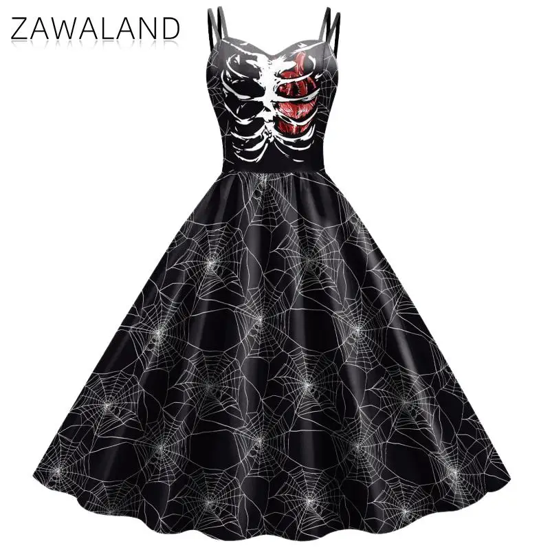 Zawaland Halloween Fancy Skeleton Rose Print Women Dress Girl Carnival Party Dresses Female Goth Horror Costume Rockabilly Dress