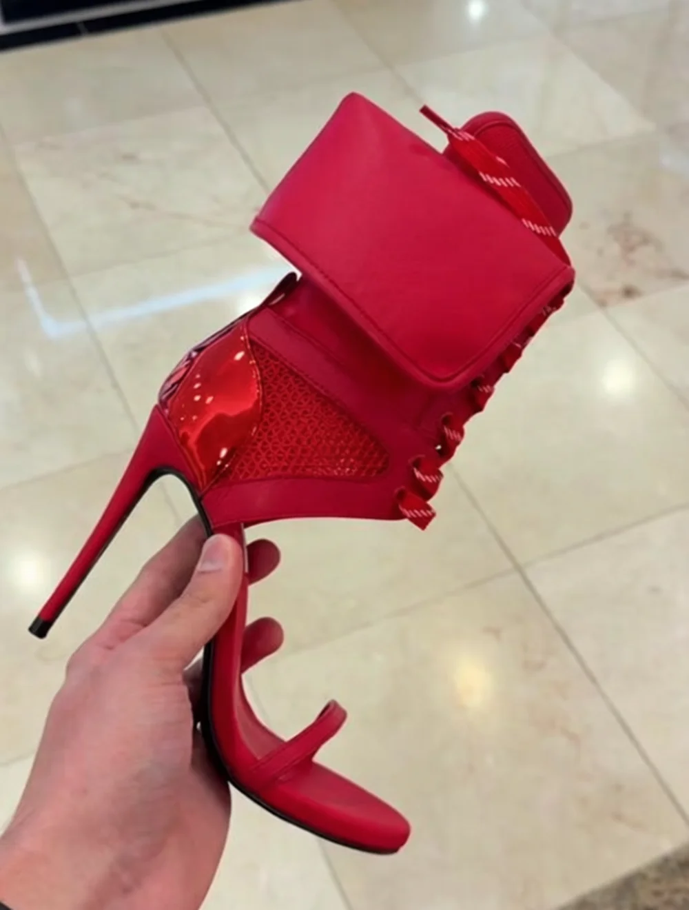 Red Mesh Leather Open Toe Ankle Wrap Stiletto Sandals Single Thin Front Toe Strap Fold-Over Cuff Ankle Lace-Up Design for Club