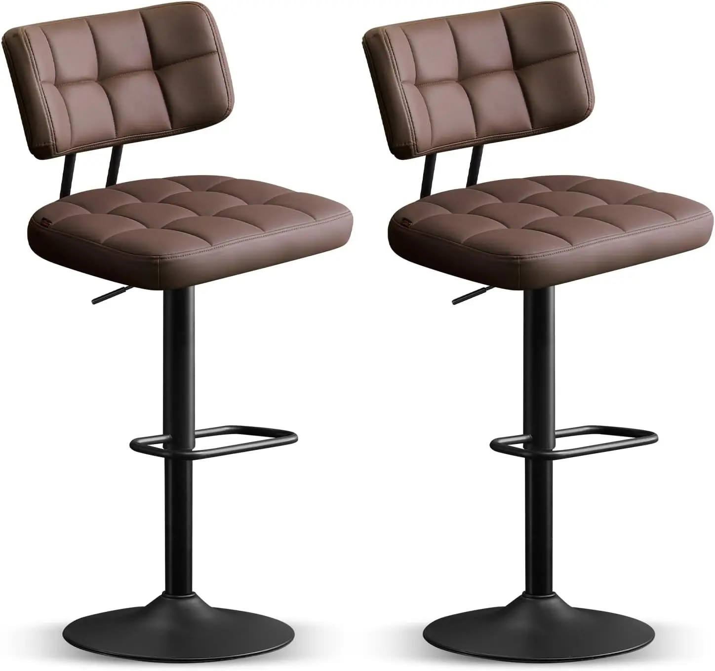 طقم مقاعد بار من الجلد الصناعي الحديث مكون من قطعتين، دوارة منجدة مع ظهر، ارتفاع عداد قابل للتعديل، بني #1