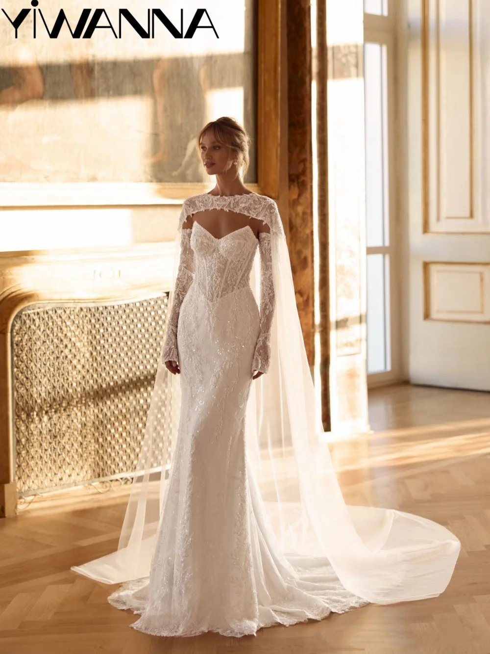 

Embroidery Beaded Lace Wedding Dress Dreamy Cape Sleeve Bridal Gown 2026 Customized Opulent Mermaid Long Dresses For Bride