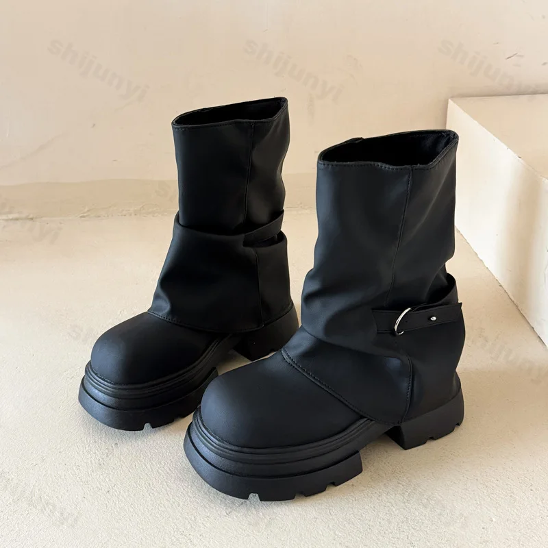 إمرأة حذاء من الجلد موضة ريترو البريطانية كعب سميك المضادة للانزلاق جولة تو المرأة أحذية بوت قصيرة براون مريحة في الهواء الطلق أحذية كاجوال