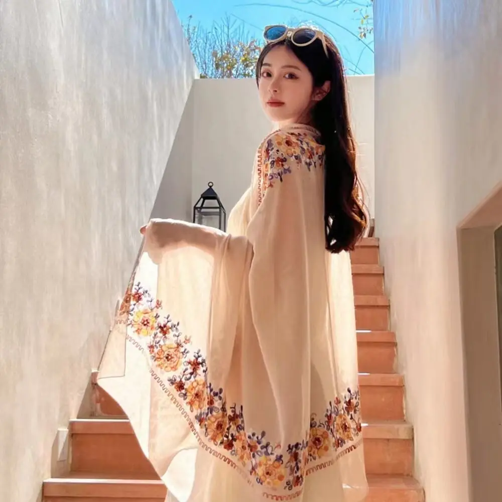 

Ethnic Style Flower embroidery Women Beach Scarf Cotton Linen Sun Protection Summer Hijab Ultrathin Bandana Shawls and Wraps