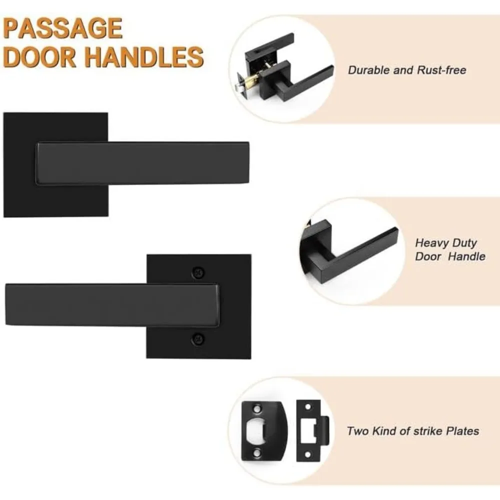 10 Pack| Matte Black Passage Door Levers Interior Heavy Duty Square Door Handles, Hall/Closet Non-Locking Door Levers