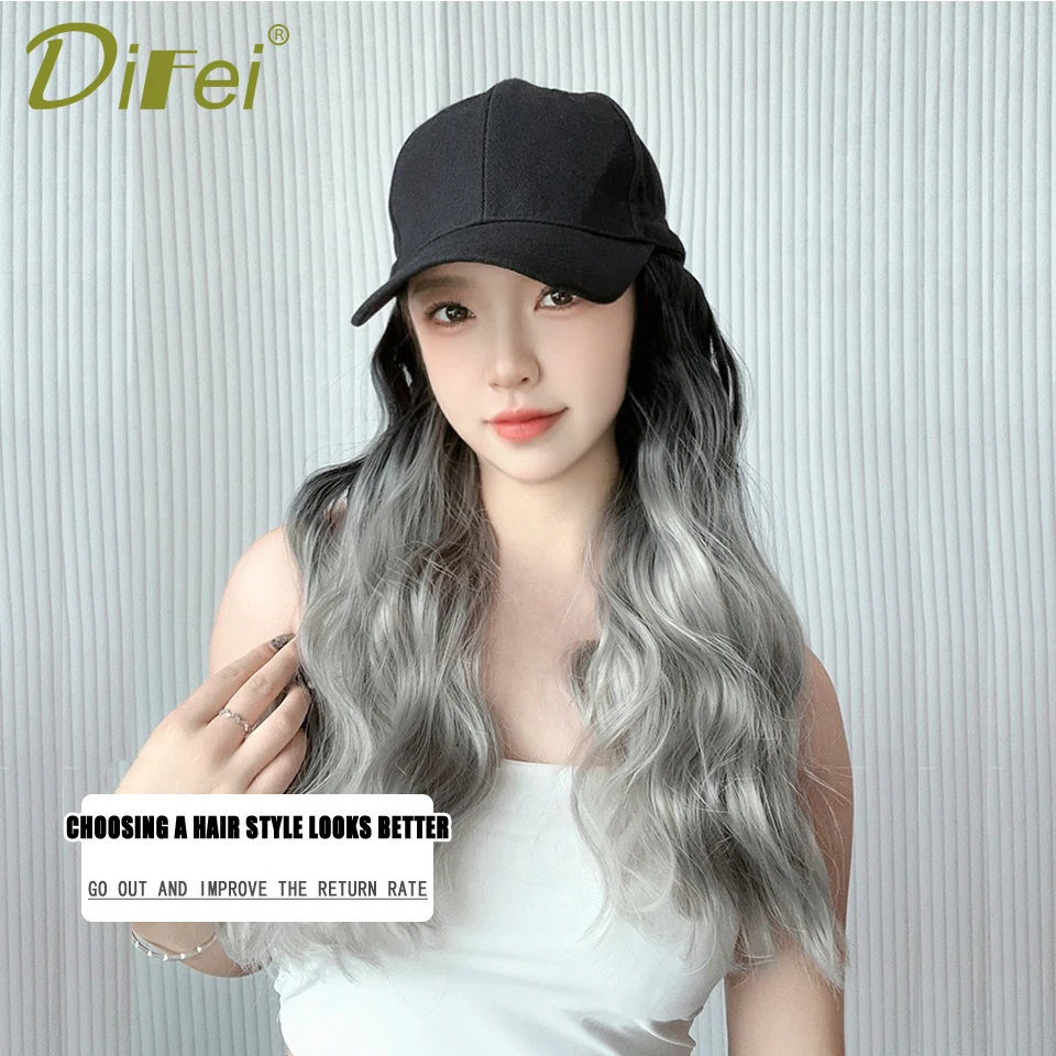 Topi Wig sintetis kepala penuh untuk wanita, topi Wig bisbol lidah bebek Joker modis, rambut palsu panjang ikal sorot untuk wanita