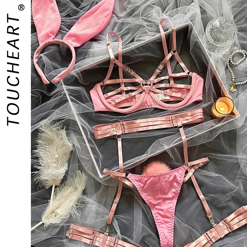 

Toucheart Bunny Girl Sexy Lingerie Set For Women Hollow Out See-Through Straps Patchwork Sexy Bunny Headband Lingerie Bra Set