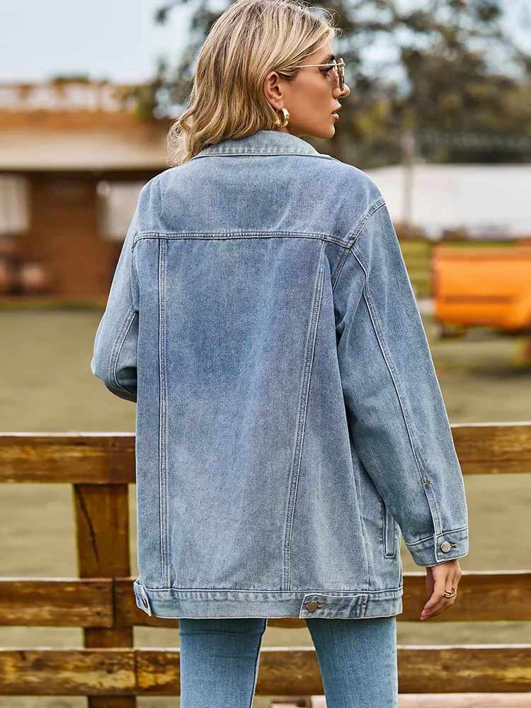 Benuynffy Womens Oversized Button Up Mid Long Jean Coat Spring Fall Distressed Casual Loose Boyfriend Denim Jacket with Pockets