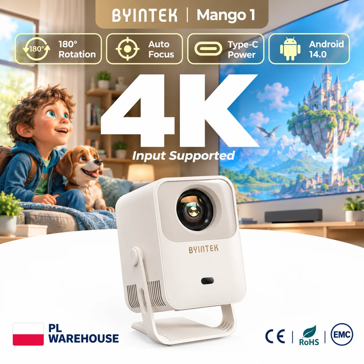 BYINTEK Mango1 Projector Compact LCD Home Cinema Projector Android 14 1G+8GB WiFi6 Auto Focus 150 Inch Screen Auto Vertical Keystone