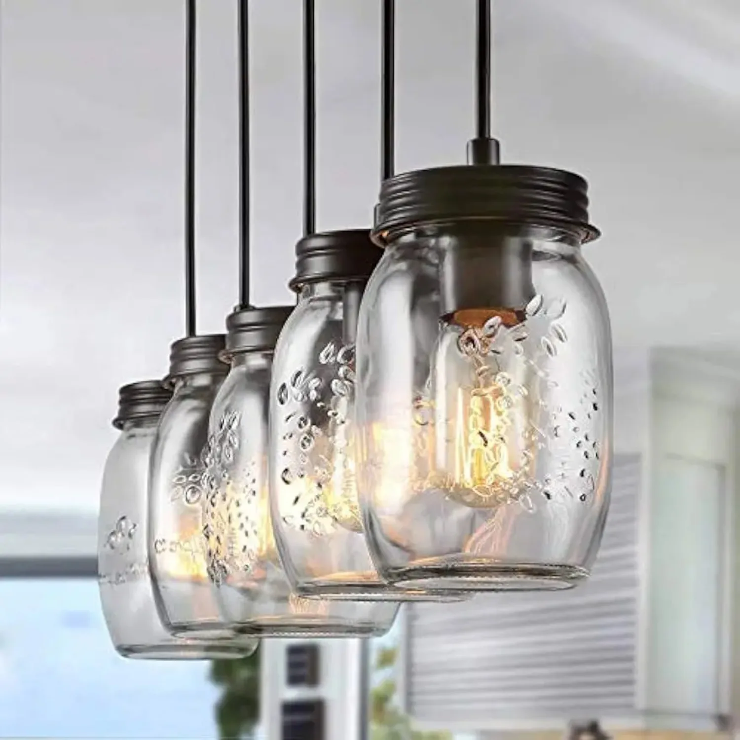 

Farmhouse Chandelier Glass Mason Jar Adjustable 5-Lights Chandelier Light Fixture Rustic Pendant Light Matte Black Finish for Dining Room Billiard Room Living Room Cafe Pub