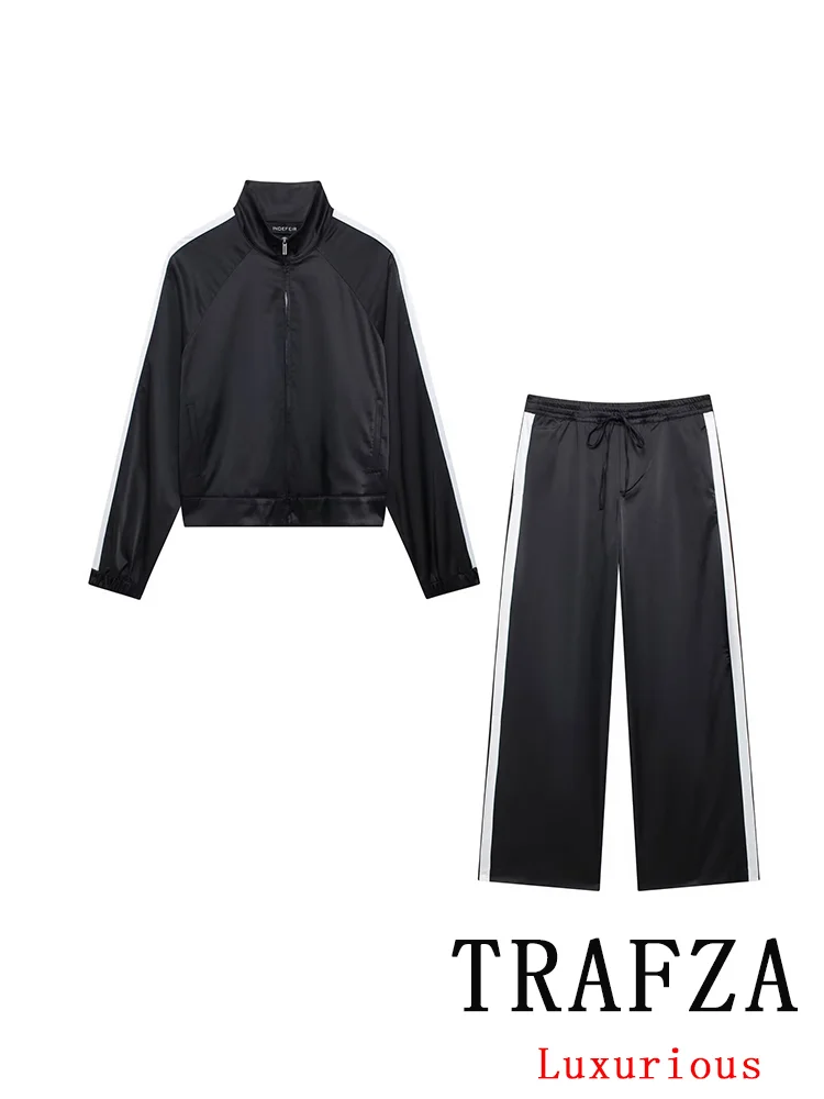 TRAFZA Vintage Casual Chic Women Satin Suit Side Stripe Stand Collar Coat Loose Lace-up Long Pants New Fashion 2024 Autumn Sets