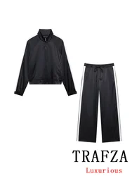 TRAFZA Vintage Casual Chic Women Satin Suit Side Stripe Stand Collar Coat Loose Lace-up Long Pants New Fashion 2024 Autumn Sets