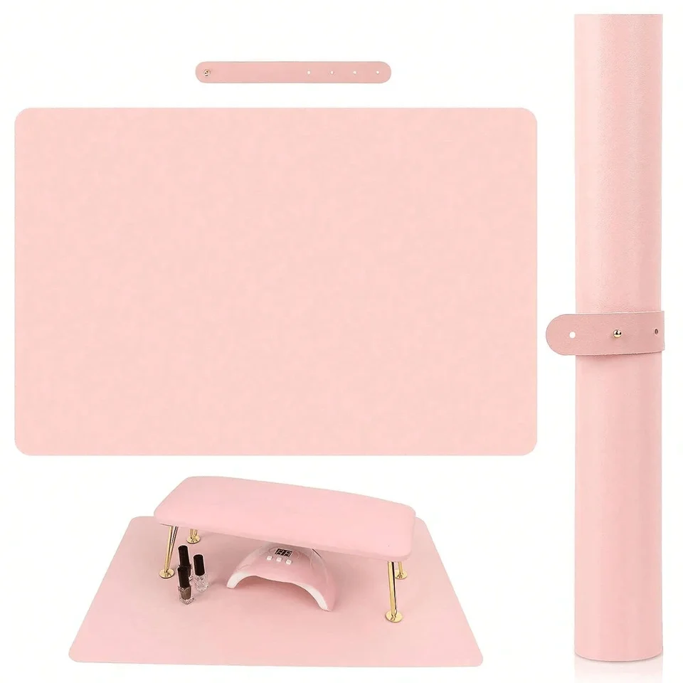 Tapete rosa para mesa de arte de uñas, portátil y plegable, reposabrazos de microfibra suave para salón de uñas