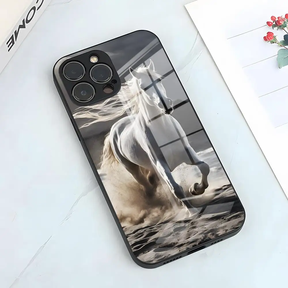 Animal Horse Phone Case For IPhone 16 15 14 Pro 11 13 12 Mini XS XR Max 6 8 7 Plus SE Glass Luxury Cove