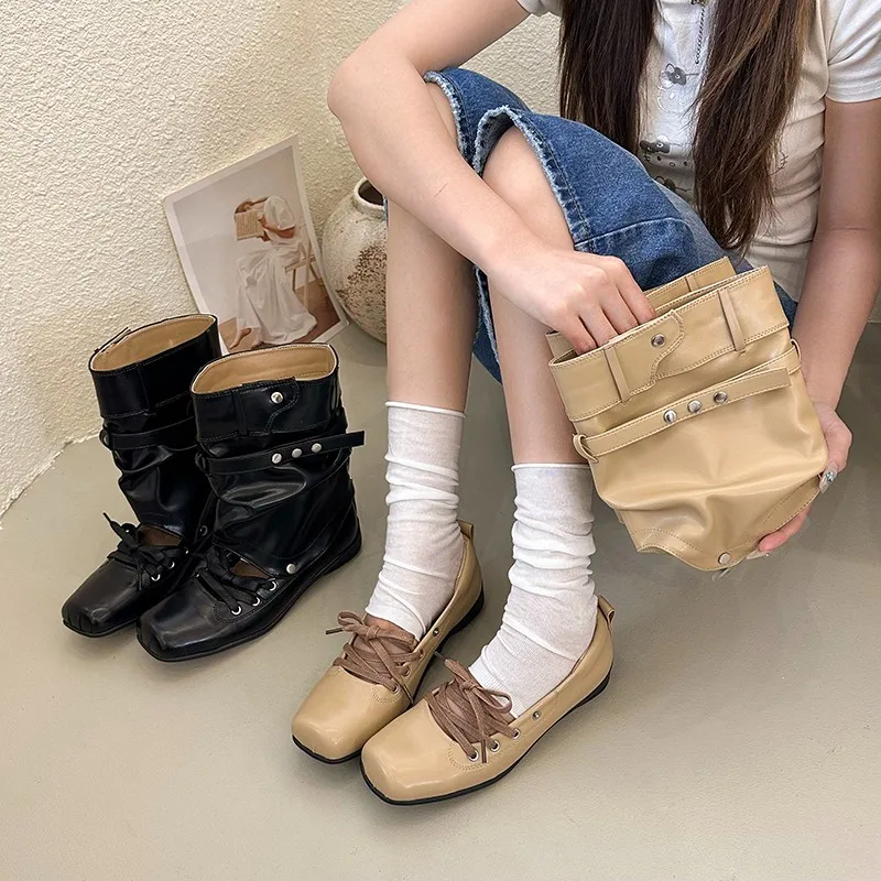 

Retro Belt Buckle Open-toe Hollow-out Sandals 2026 Summer New Removable Two-way Flat Ballet Boots
