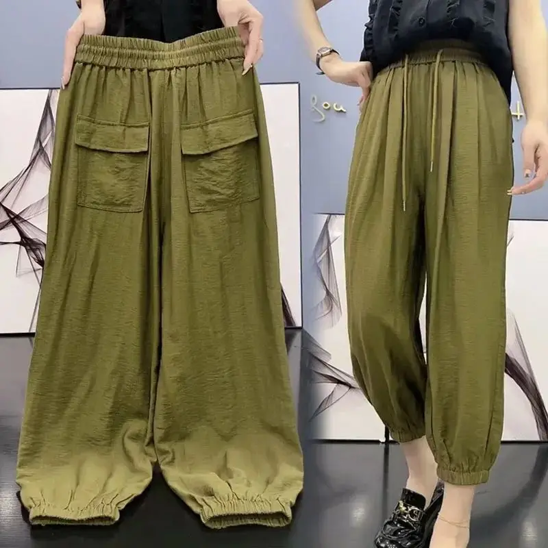 

2024 Summer New Fashion Versatile Bloomers Women's Solid Spliced Pocket Drawstring Straight High-waisted Thin Loose Harlan Pants