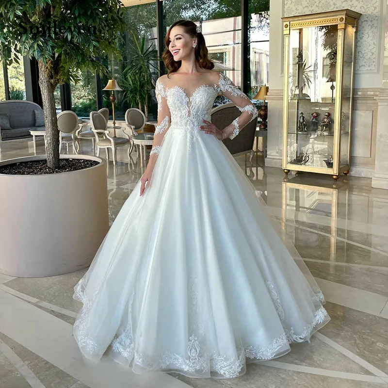 

Smileven Свадебные платья цвета слоновой кости с длинным рукавом трапециевидной формы с аппликацией кружевное свадебное платье женское платье