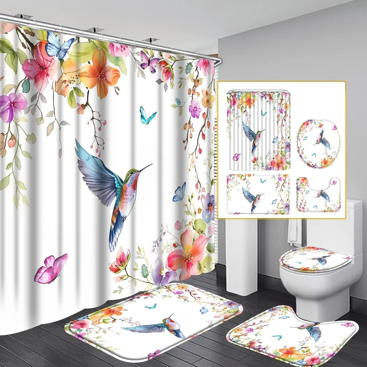 

Set of 4 Hummingbird Floral Pattern, Bird Butterfly Spring Plant Nature Art Shower Curtain with Hooks Non-slip Mat, U-Shaped Mat