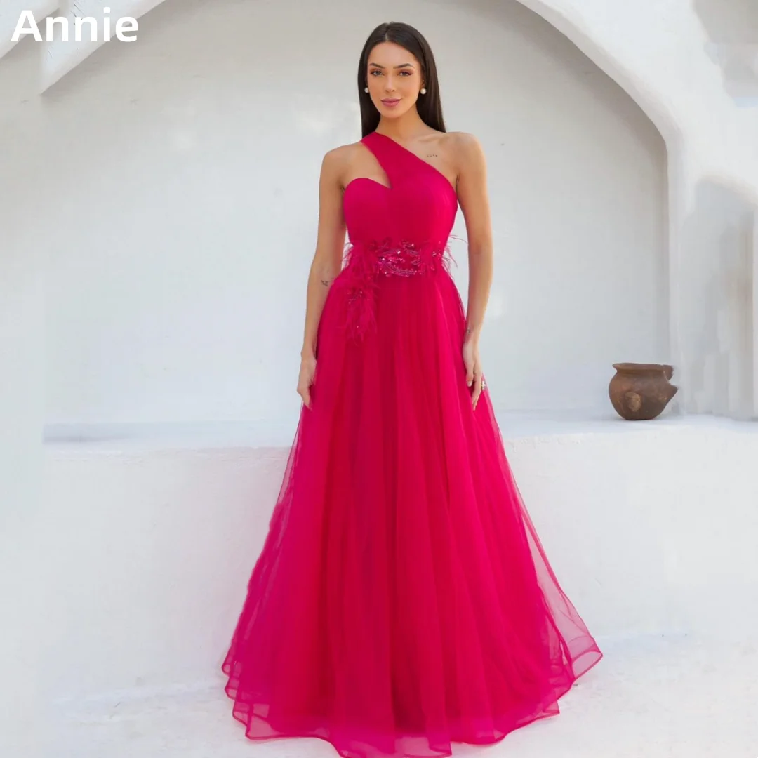 AnnieHot-vestido de novia Rosa elegante con plumas de lentejuelas, vestidos de graduación de lujo, Sexy, un hombro, tul, línea A, vestidos para ocasiones a medida