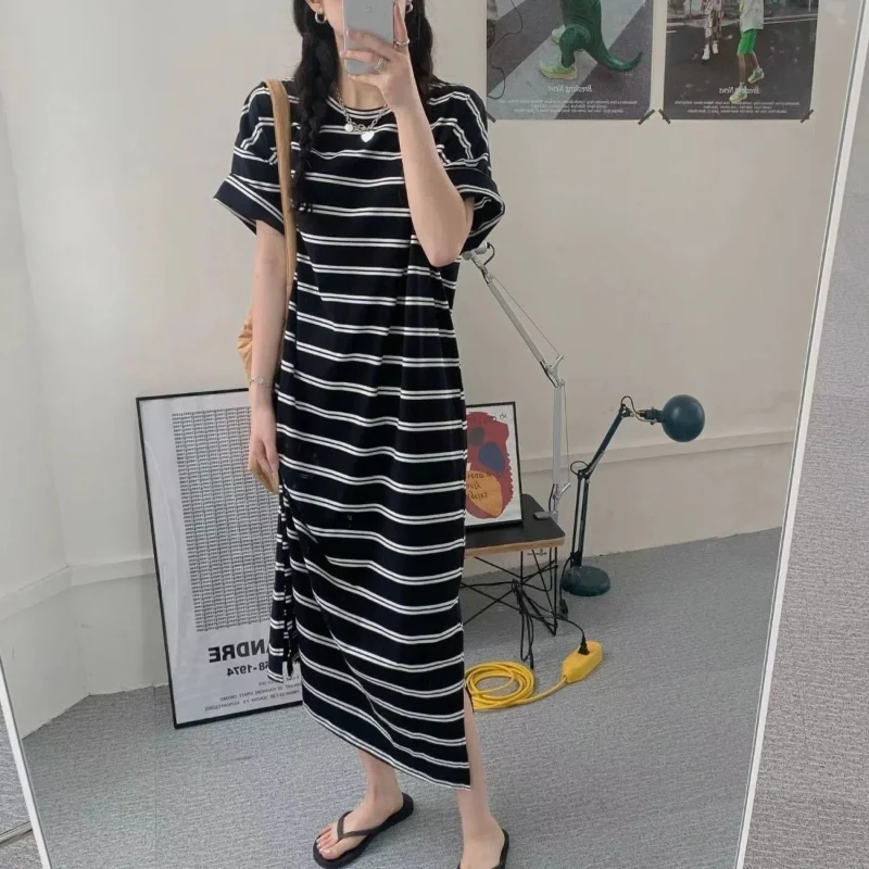 Striped Short Sleeve T Shirt Dress Summer New O-neck Plus Size Split Hem Loose Casual Dresses Fashion Korean Women Clothing