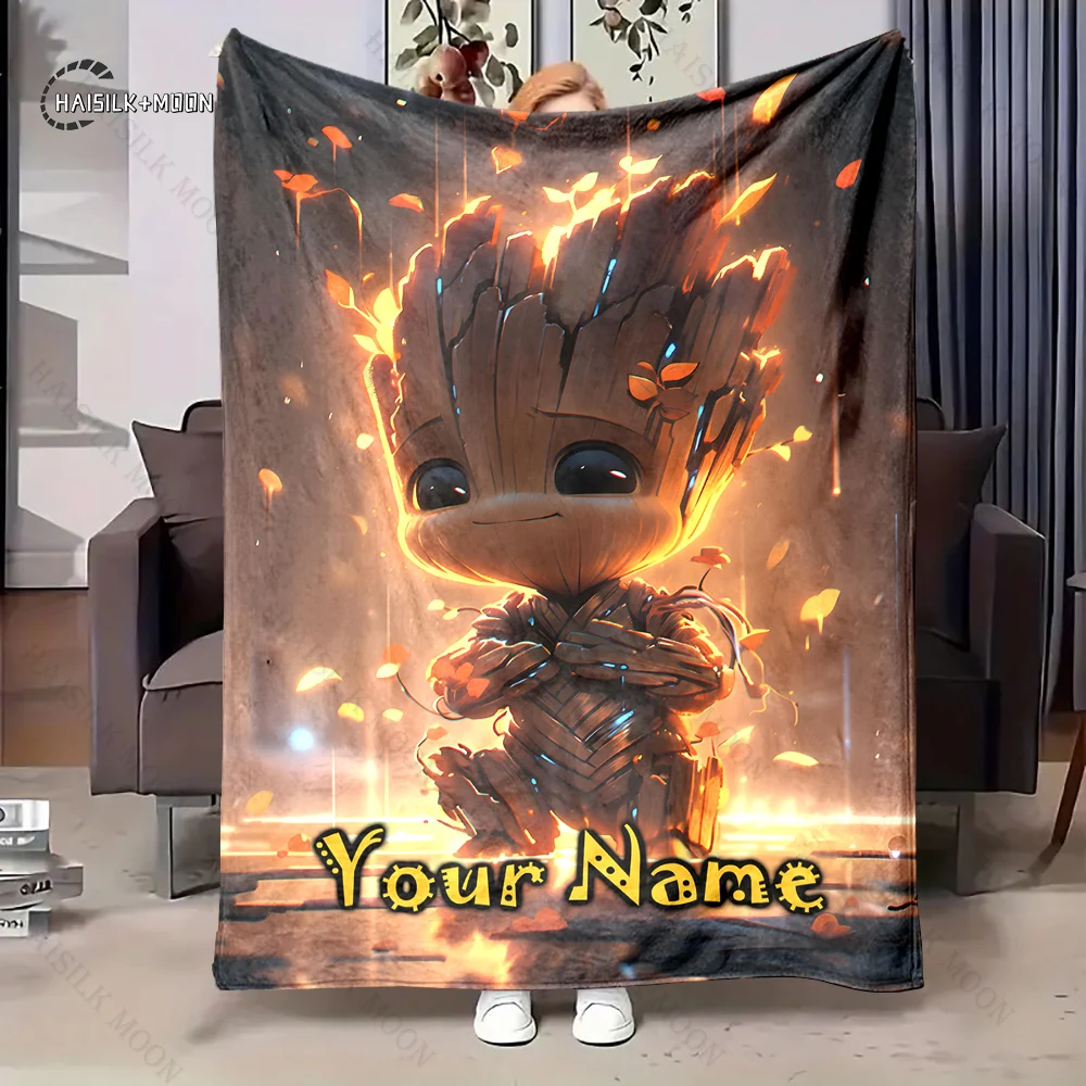 1PC Custom Name Marvel Groot Printed Blanket, All-Season Multi-Use for Nap, Camping, Travel, Car ,sofa Machine Washable