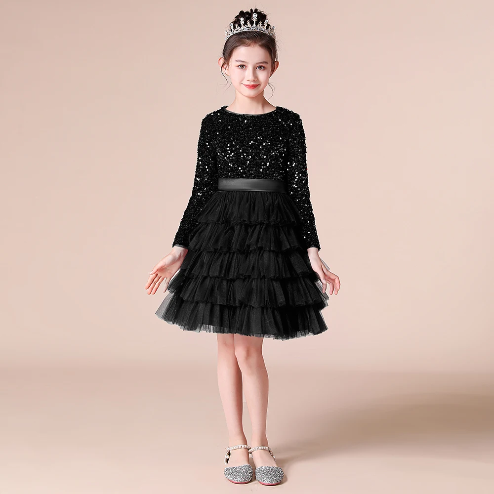 

YZYmanualroom Flower Girl Dresses Glitter Sequins Long Sleeves Tulle Concert Princess Gown Short Junior Bridesmaid Dress