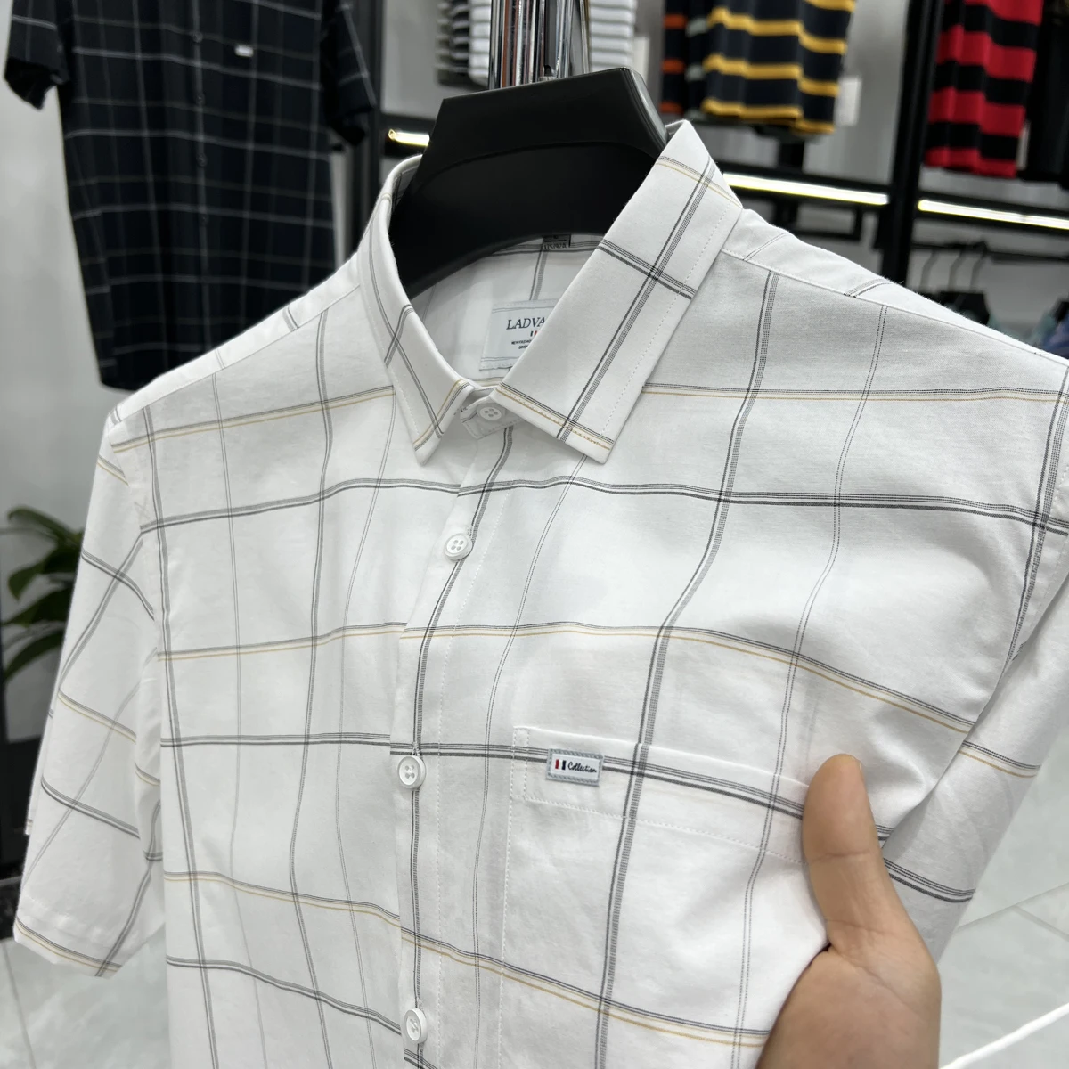 Light luxury high-end men\'s short sleeved fashion brand embroidered shirt 2024summer new 100% cotton breathable casual plaid top