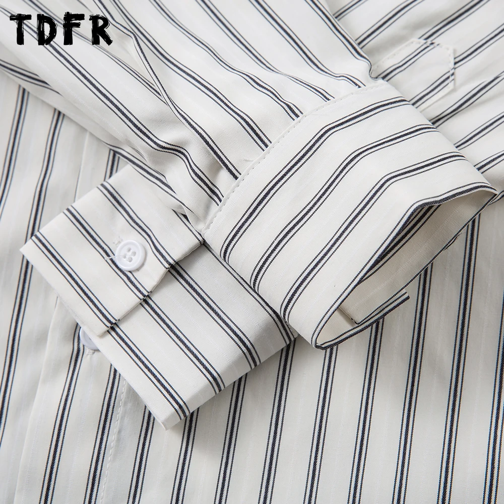 Pocket Vertical Stripes Shirts Mens Autumn Casual Loose Single Breasted Lapel Long Sleeve Shirts Man