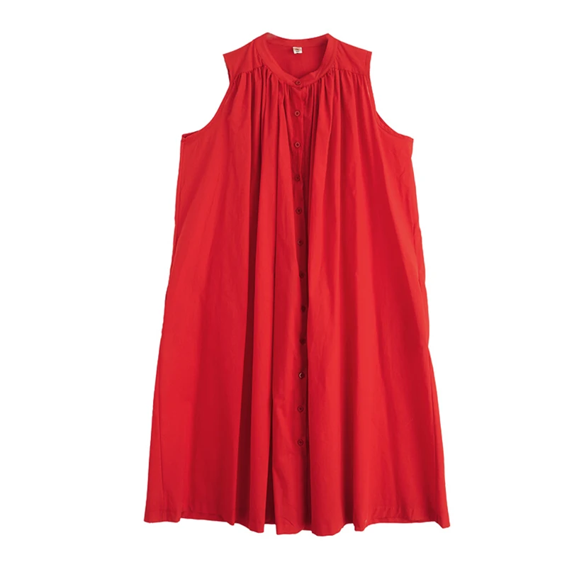 

Plus Size plus Size Women's Faionable Retro Korean Cotton Dr Svel Vest Long Summer Dr Casual round Ne Gown with Buttons