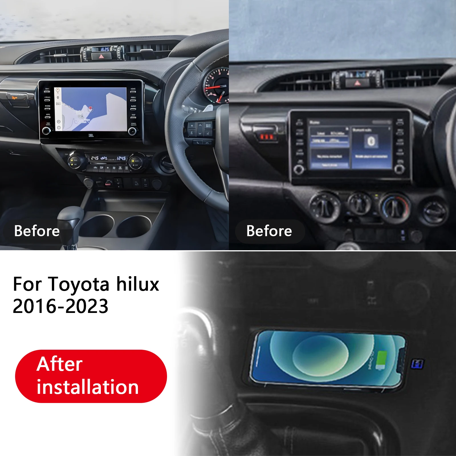 

2DIN новейшее зарядное устройство для Toyota Hilux 2016-2023, автомобильное зарядное устройство для центральной консоли, быстрое беспроводное зарядное устройство, зарядная пластина, держатель для зарядки