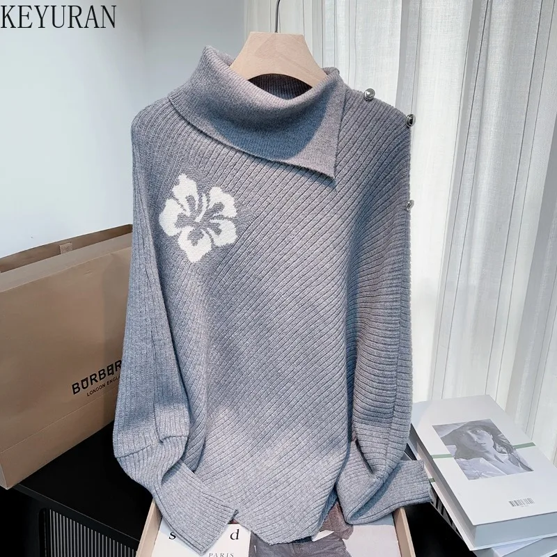 

Korean Cloak Batwing Sleeve Rose Print Knitted Sweater Women's Autumn Winter New Vintage Loose Long Sleeve Knitwear Tops Jumpers