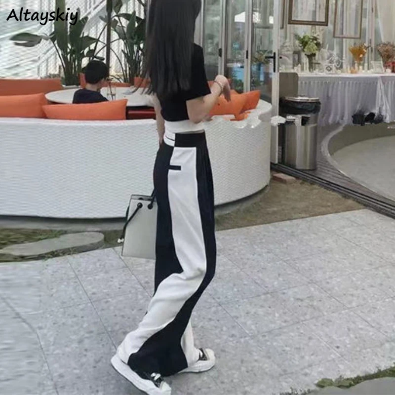 

Комплекты брюк, женские лоскутные модные крутые уличные футболки в стиле Харадзюку с широкими штанинами, топы, укороченный наряд, уличная одежда для колледжа, летняя уютная одежда Ulzzang