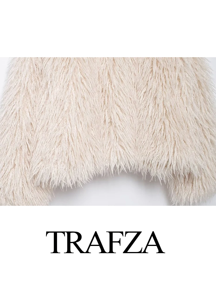 Trafza moda feminina inverno efeito de pele sólida turn down collar manga longa jaqueta feminina elegante high street casual jaqueta quente