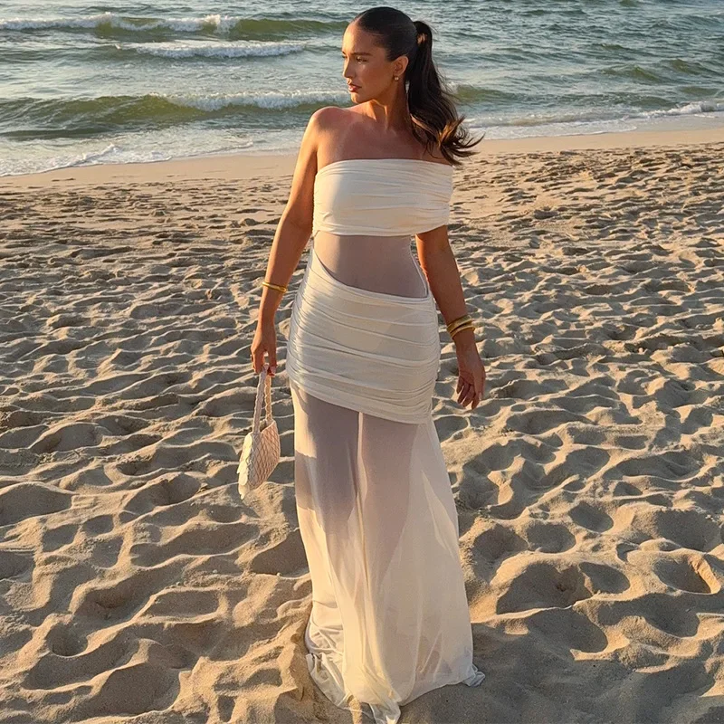 Sexy een schouder pure mesh patchwork ruches bodycon maxi feestjurk dames effen backless slanke zomervakantie strand lang gewaad