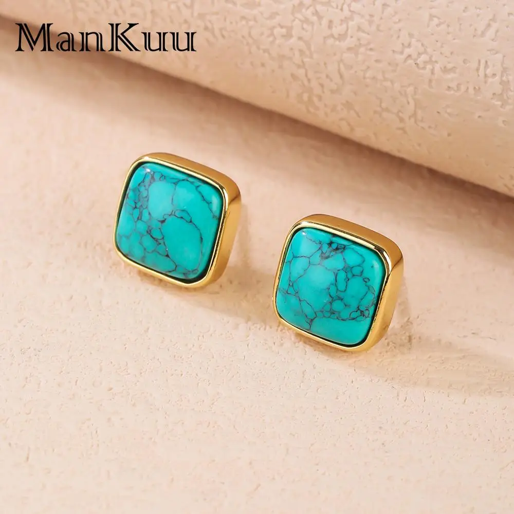 mankuu elegant fashion jewelry 10mm square turquoise stone gold plated studs earrings for charm women gifts daily party
