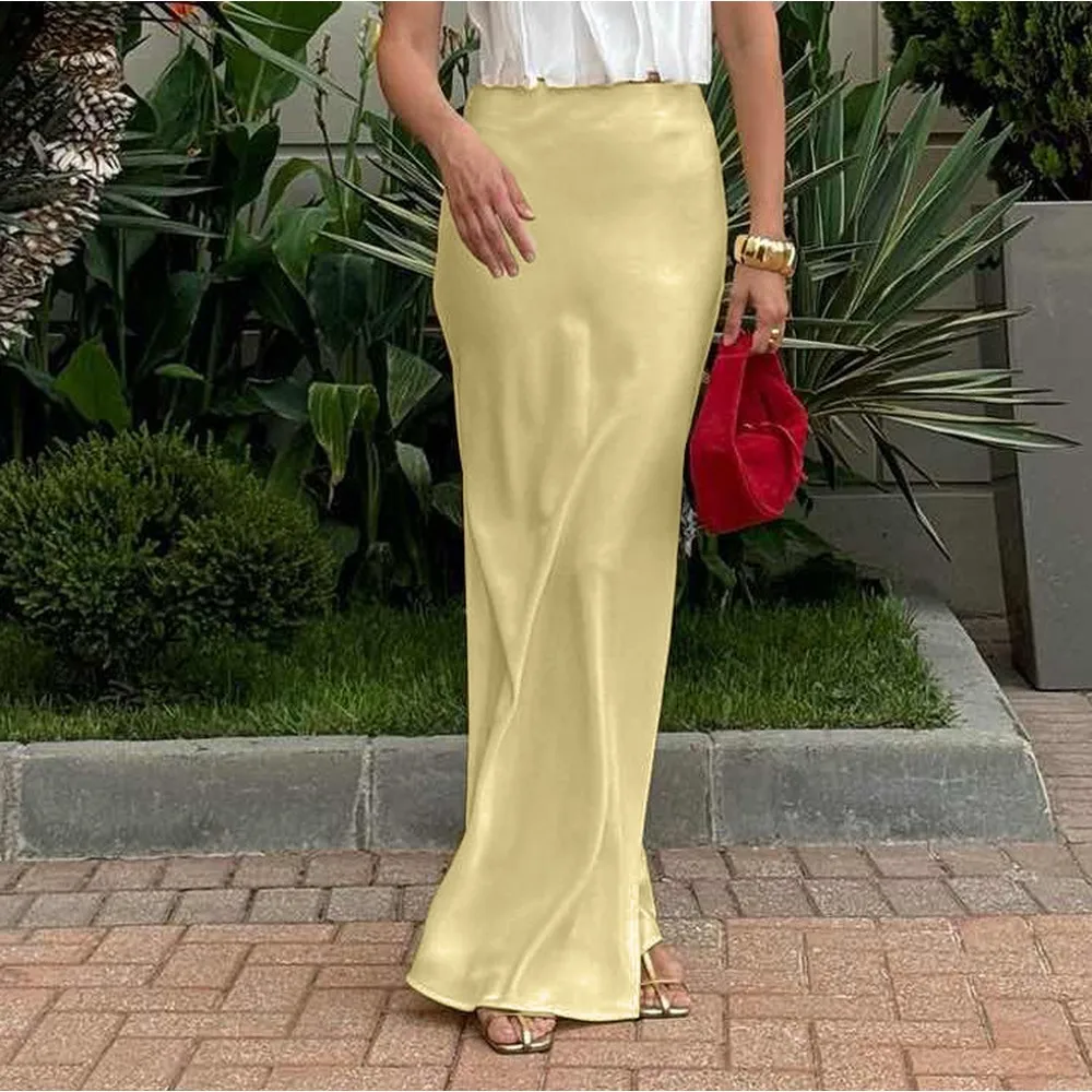 Russian Women Satin Flowy Yellow Skirt High Waist Pencil Skirt Long Skirt Spring Summer Elegant Office Skirts