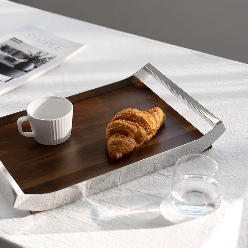 Walnut Rectangular Wooden Serving Tray Decorative Trays with Stainless Steel Handle Storage Tray for Home Decor Table Kitchen