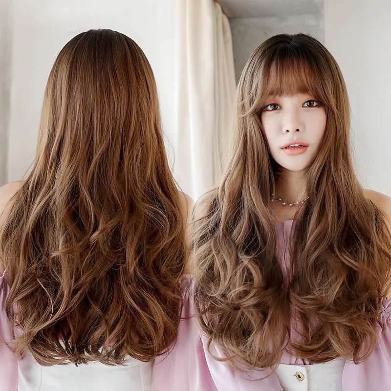 Women's long wavy wig, voluminous and natural-looking, realistic Korean synthetic fiber wig