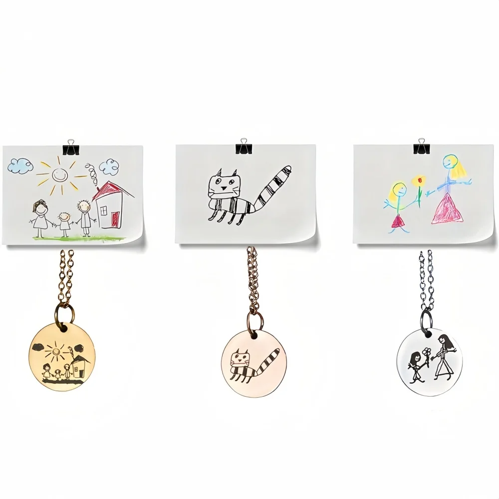 Cutsom Child Drawing Art Necklaces Hand-drawn Custom Engraved Pendant Necklace Stainless Steel Round Necklace Children's DayGift