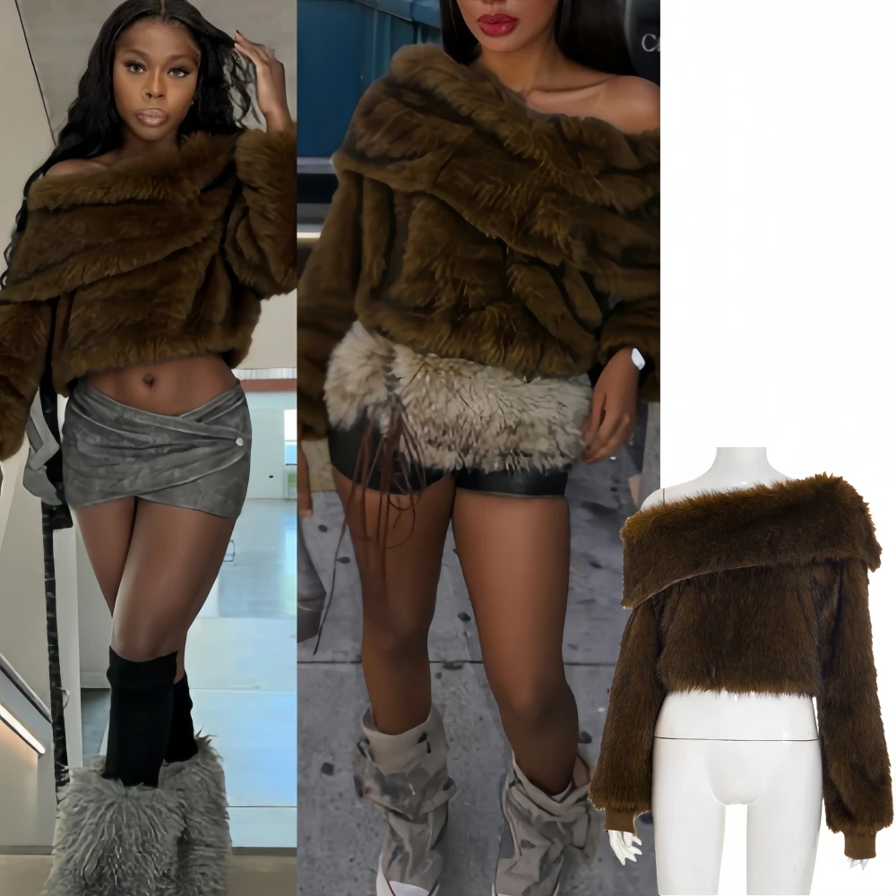 

FAGADOER модная меховая лоскутная футболка женская однотонная укороченная куртка на одно плечо с длинными рукавами женская уличная одежда 2025