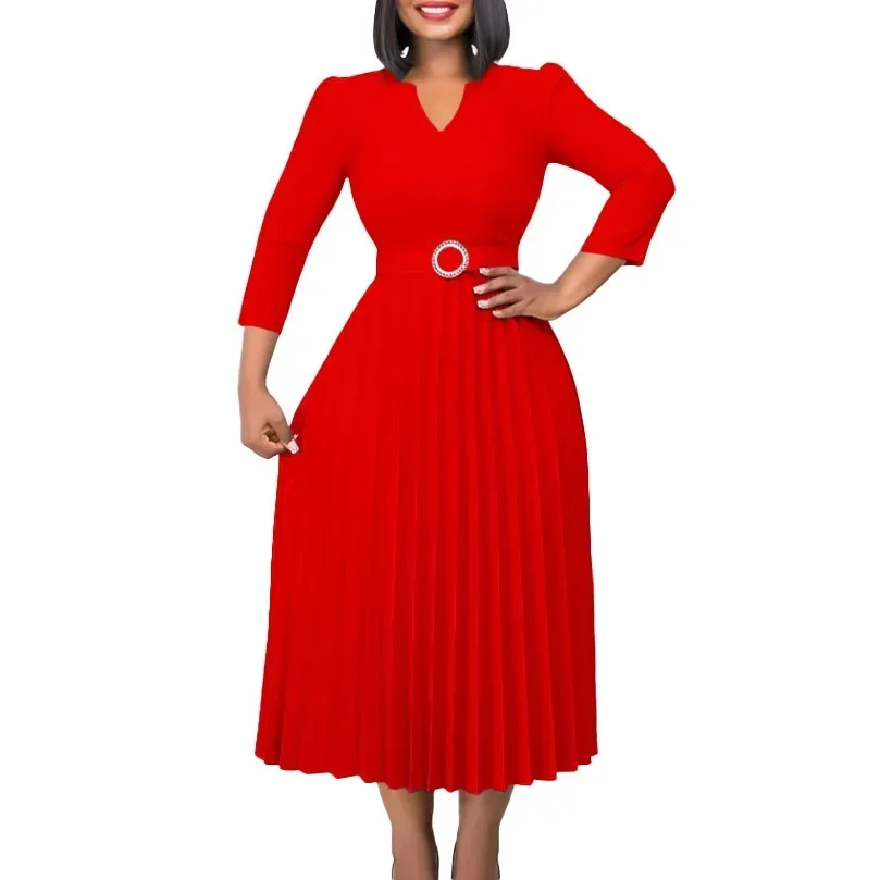 African Dresses for Women 2023 Summer Elegant African Office Ladies V-neck 3/4 Sleeve Pleated Dress Evening Party Robe with Belt