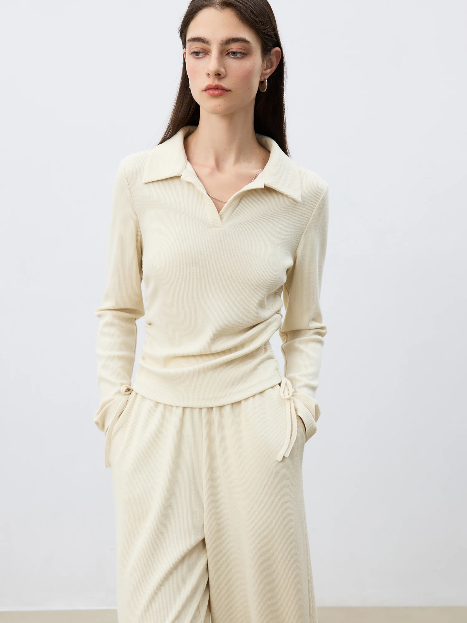 

ZIQIAO Women Spring Knit Casual Sets Polo Neck Pink Short Sweatshirts Elastic Waist Long Trousers 25ZQ91207+25ZQ91206+25ZQ91205