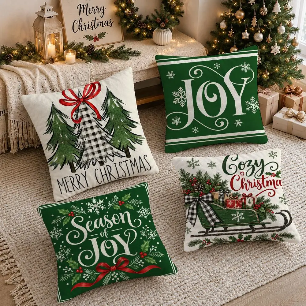 4PC Rustic Holly Winter Christmas Cushion Cover Soft Plush Double-Sided Print Pillow Case Home Decor for Sofa Living Room Gift