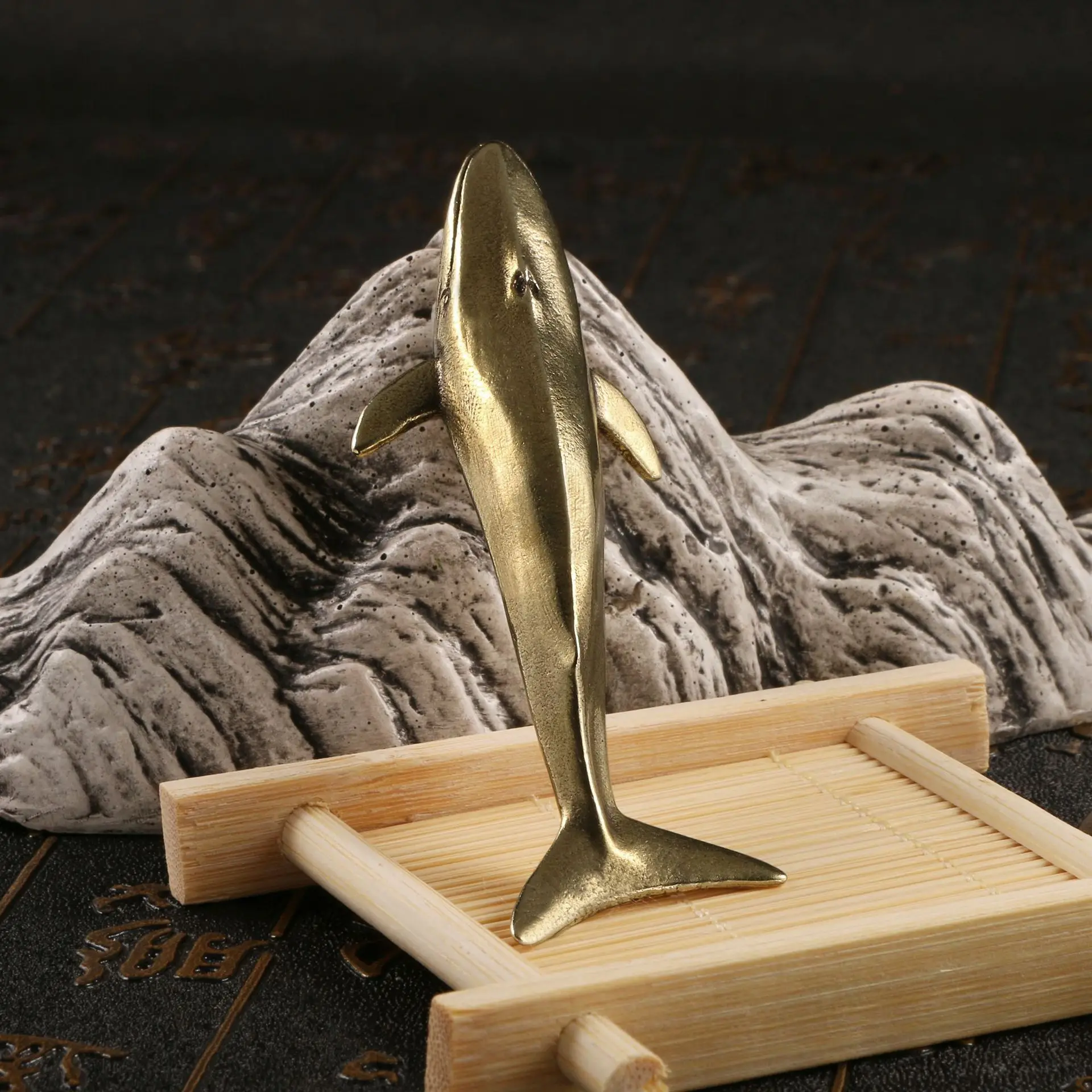 Shark Blue Whale Antique Solid Brass Figurine Miniature Feng Shui Craft for Living Room Cabinet Display