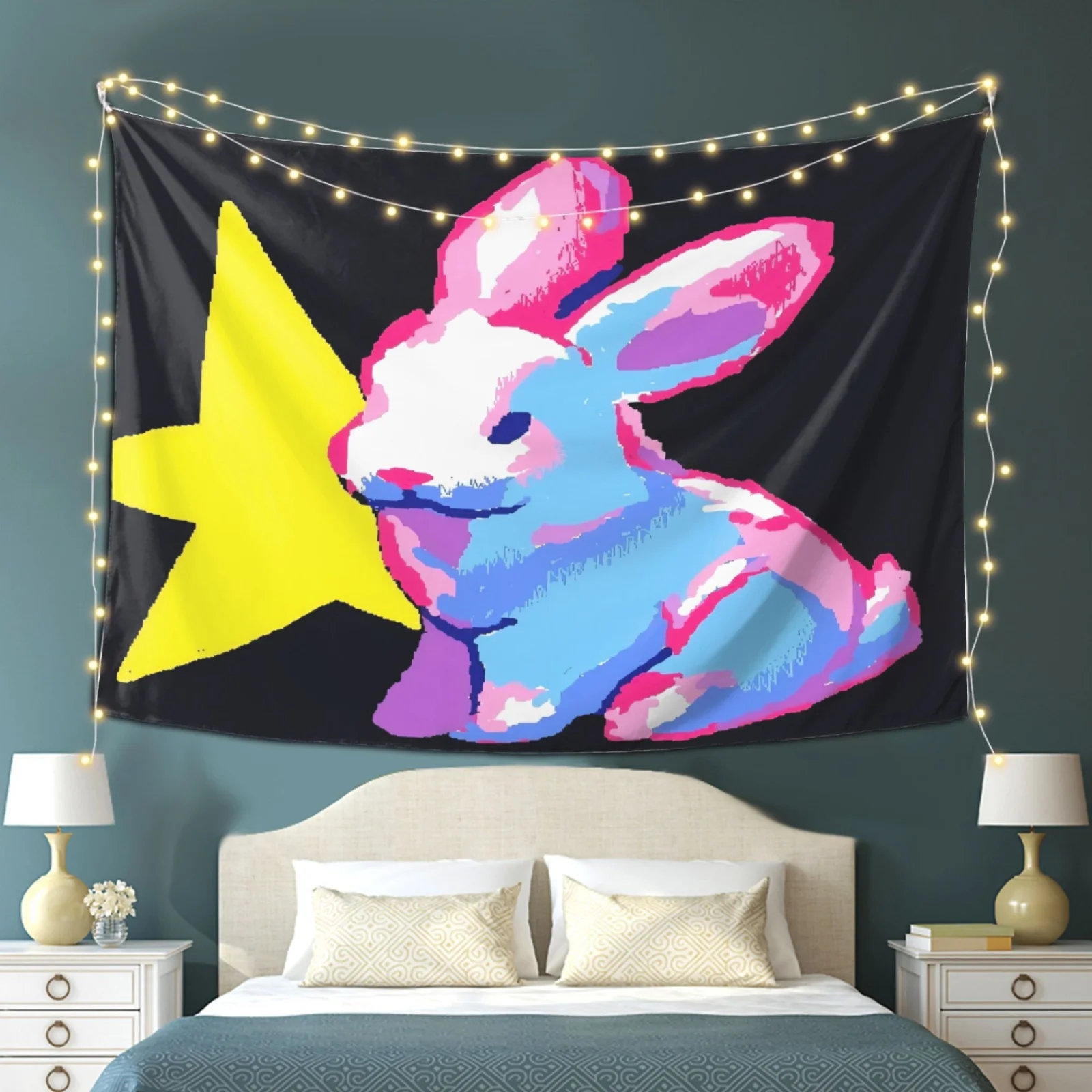 VIKAMA American Retro Neon Rabbit Tapestry, Pop Contrast Rabbit Star Wall Art for Bedroom Living Room Dorm Decor