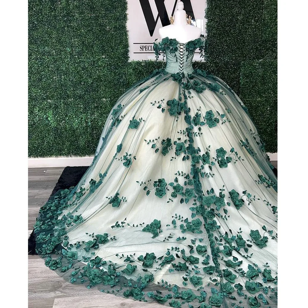 Green Quinceanera Dresses Ball Gown Off The Shoulder Tulle Appliques Pearls Puffy Mexican Sweet 16 Dresses 15 Anos Customized