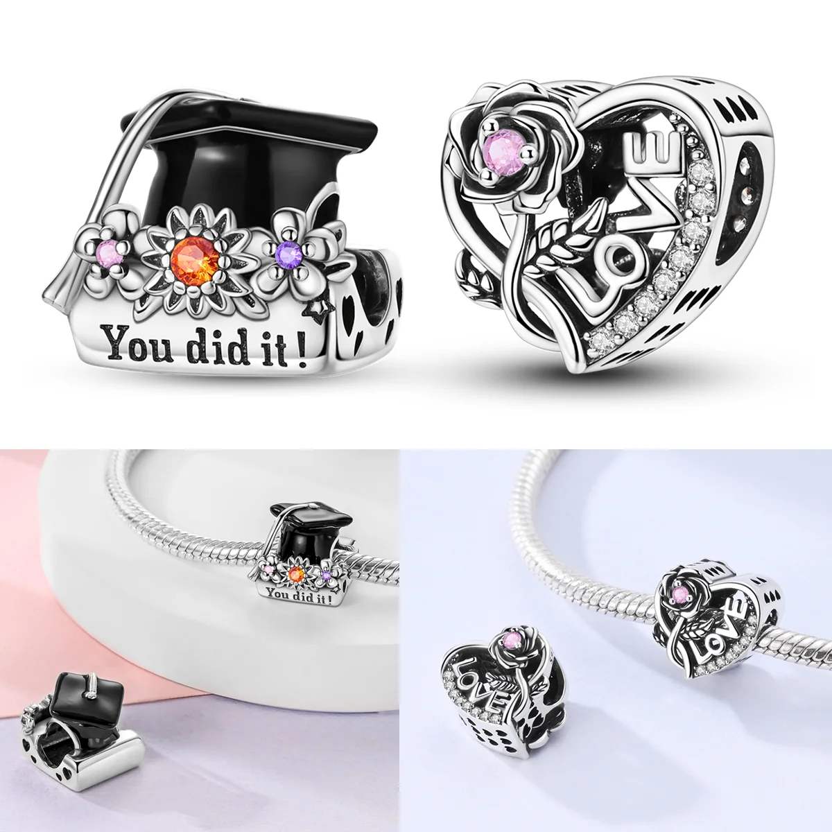 

925 Sterling Silver Graduation Wishes Charms Bead CZ Zircon Romantic Love Roses Dangle Fit Original Bracelet DIY Women Jewelry
