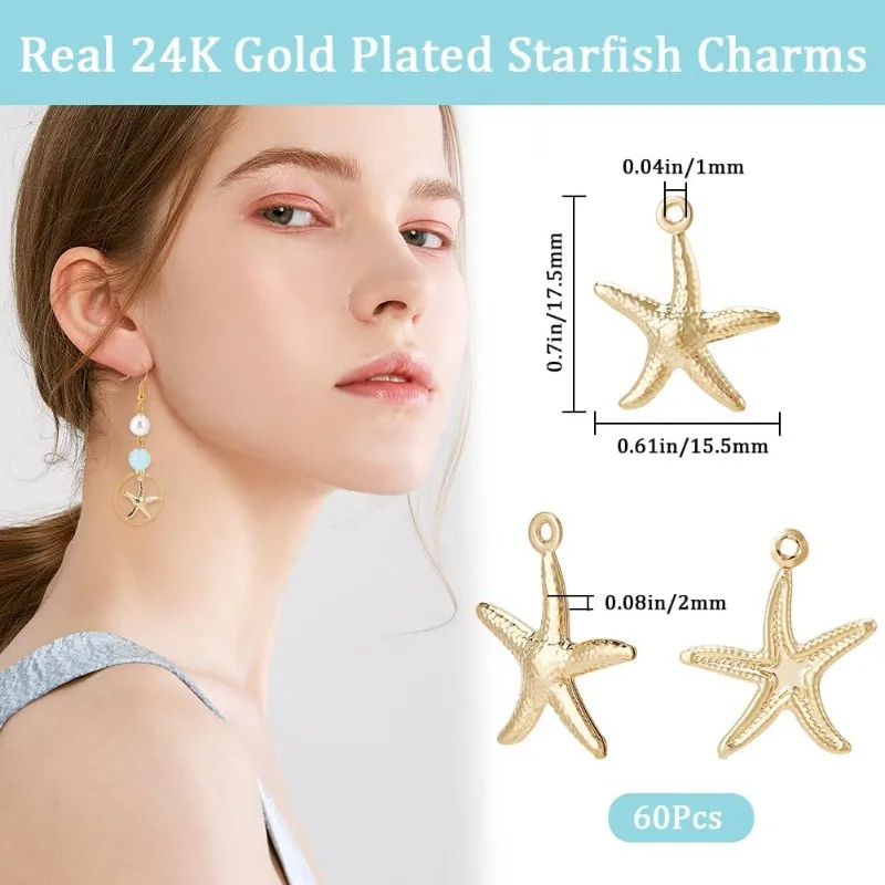 1 Box 60Pcs Starfish Charm 24K Gold Plated Stainless Steel Sea Stars Ocean Animal Beach Summer Hawaii Charms for Jewelry Making