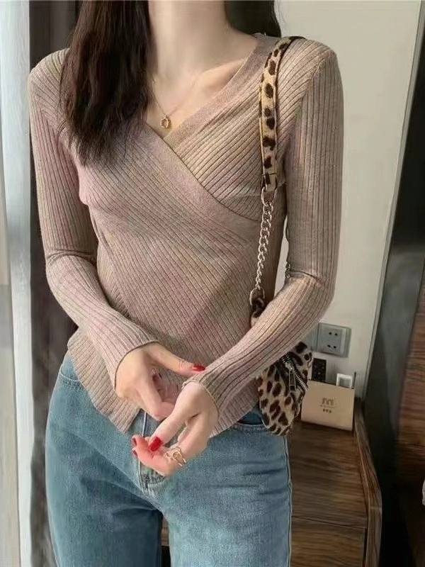 

2025 Spring Autumn Versatile Korean Sle Long Sve Knit Top Slimming Base Layer irt Inner Wear Ele Faionable