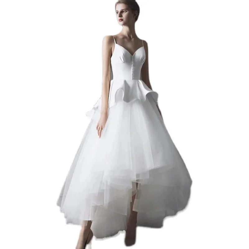 2025 nouvelles robes De mariée princesse col en v bretelles boutons Tulle Satin haut bas robes De mariée robes De Novia Robe De mariage